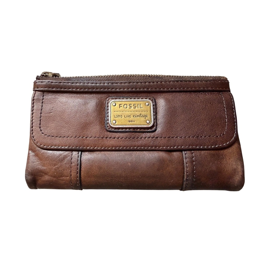 Fossil Long Live Vintage 1954 Brown Leather Trifold Wallet Zip Coin Pocket EUC